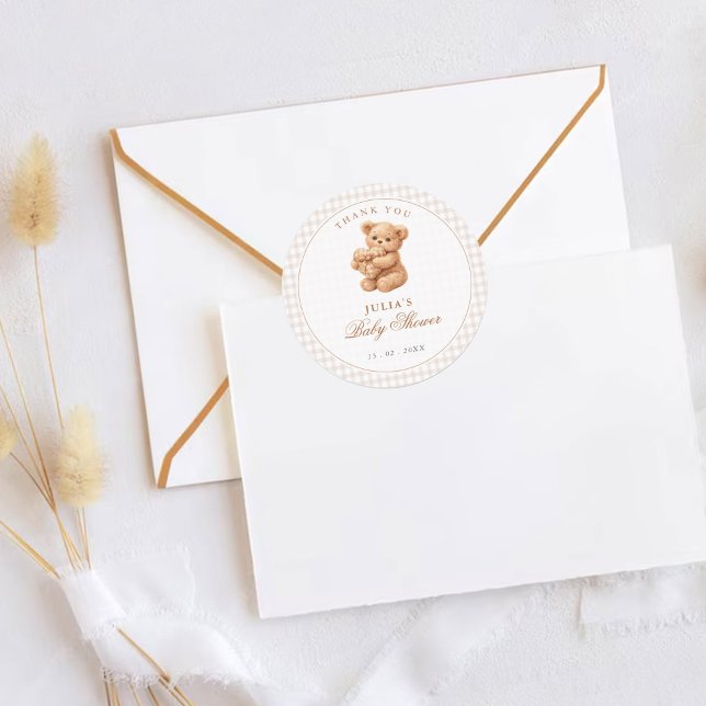 Sticker Rond Brown Gingham Teddy Bear Neutral Baby Shower Paper (Créateur téléchargé)