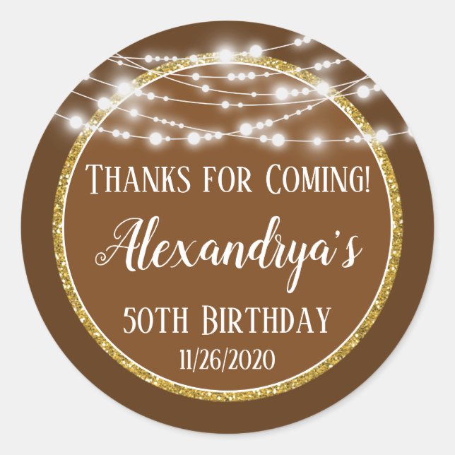 Sticker Rond Brown Gold Birthday Merci D'Être Venu Favor Tags (Devant)