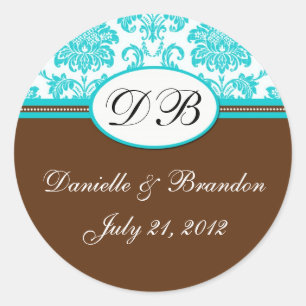 Sticker Rond Brown Mariage bleu Monogramme Damask Seal
