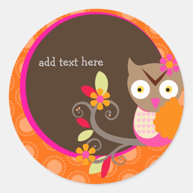 Sticker Rond Brown+Orange+Chouette rose chaude autocollants/ajo (Devant)