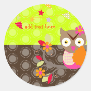 Sticker Rond Brown+Orange+Chouette rose chaude autocollants/ajo