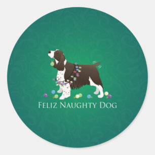 Sticker Rond Brown Springer Spaniel Chien Feliz Naughty Chien