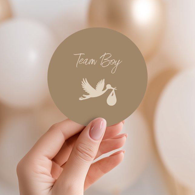 Sticker Rond Brown Stork Baby Delivery Gender Reveal Team Boy (Créateur téléchargé)