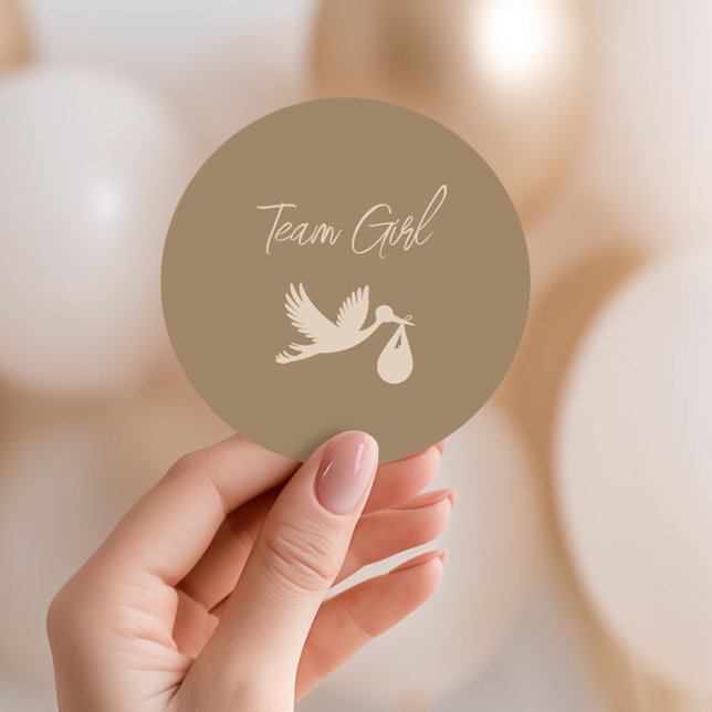Sticker Rond Brown Stork Baby Delivery Gender Reveal Team Girl (Créateur téléchargé)
