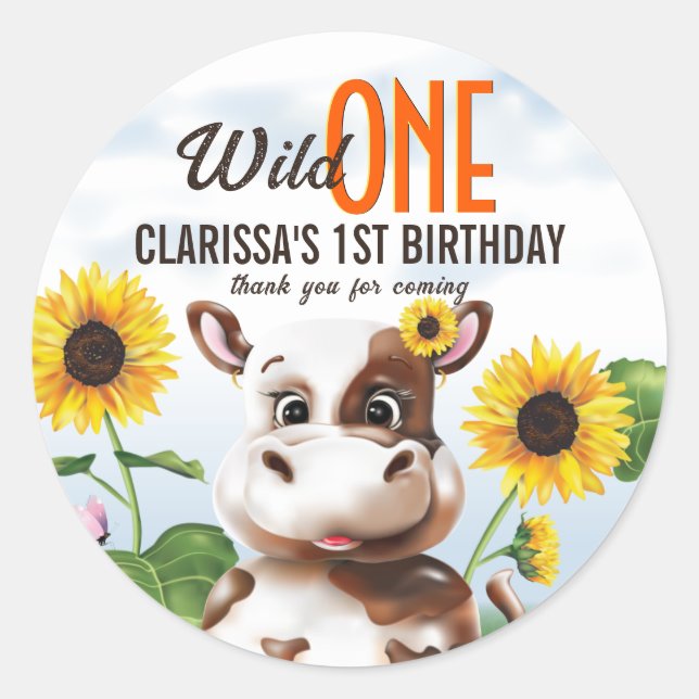 Sticker Rond Brown vache tournesol fille premier anniversaire (Devant)