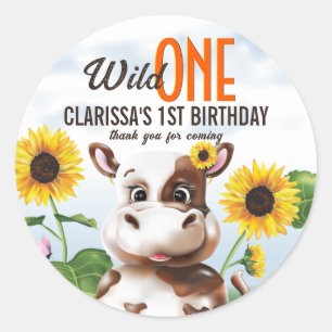 Sticker Rond Brown vache tournesol fille premier anniversaire