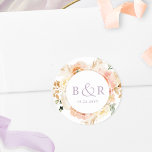 Sticker Rond Broyer avec Enveloppe Mariage Lavender / Favoriser<br><div class="desc">Elégante enveloppe mariage monogrammée sceau ou préférez autocollant avec de magnifiques détails aquarelle florale dans un magnifique mélange de teintes pêche, orange, rose rousse, crème et champagne. Centre en blanc avec initiales et deuxième ligne de texte en violet lavande. Deux options de taille et plusieurs options de forme à choisir....</div>