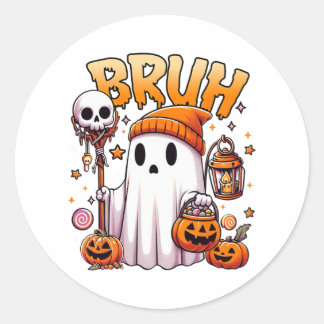 Sticker Rond Bruh Ghost Halloween mignon Ghost Tricot Ou Traite