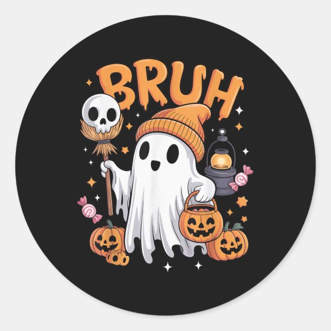 Sticker Rond Bruh Ghost Halloween mignon Ghost Tricot Ou Traite (Devant)