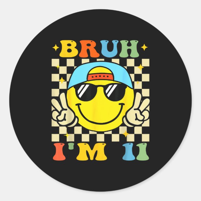 Sticker Rond Bruh I'm 11 Years Old Blue Birthday Boys 11th Birt (Devant)