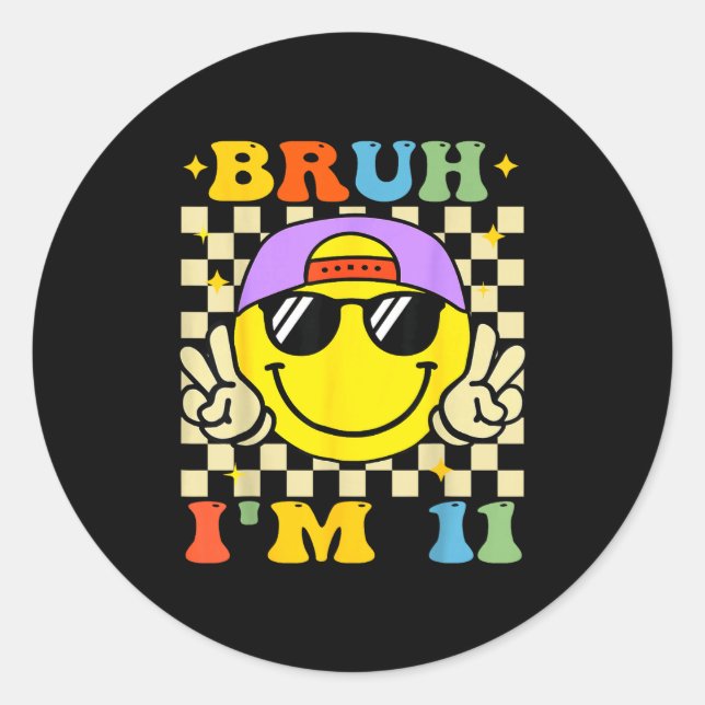Sticker Rond Bruh I'm 11 Years Old Purple Birthday Boys 11th Bi (Devant)