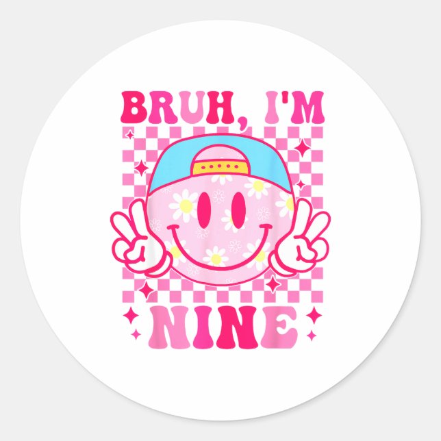 Sticker Rond Bruh I'm Nine 9 9th Birthday Girls Groovy 9 Years  (Devant)