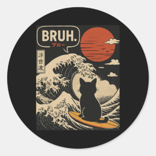 Sticker Rond Bruh. La Grande Vague Kanagawa Drôle de Surfi Japo