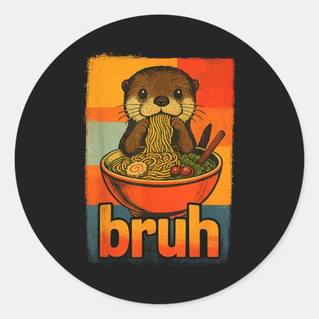 Sticker Rond Bruh Otter Eating Japanese Ramen Noodles Men Women (Devant)