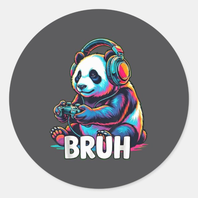 Sticker Rond Bruh Panda Gamer With Headphones Controller  (Devant)