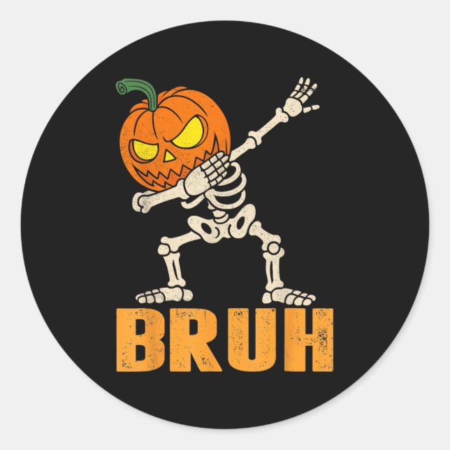 Sticker Rond Bruh Skeleton Halloween Dabbing Boys Citrouille Ja (Devant)