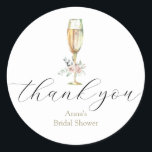 Sticker Rond Brunch et Bubbly Champagne Merci Favor<br><div class="desc">Merci Favor Étiquette avec flûte de champagne et fleurs roses. Customisez avec votre texte pour une douche bébé ou nuptiale ou votre prochain événement.</div>