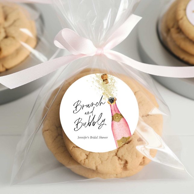Sticker Rond Brunch et Bubbly Fête des mariées rose et or (Pink Brunch and Bubbly Favor Round sticker)