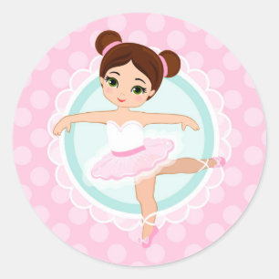 Sticker Rond Brunette Ballerina - Fille danseuse de ballet rose