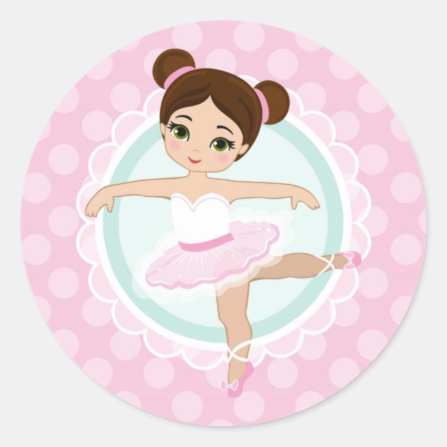 Sticker Rond Brunette Ballerina - Fille danseuse de ballet rose (Devant)