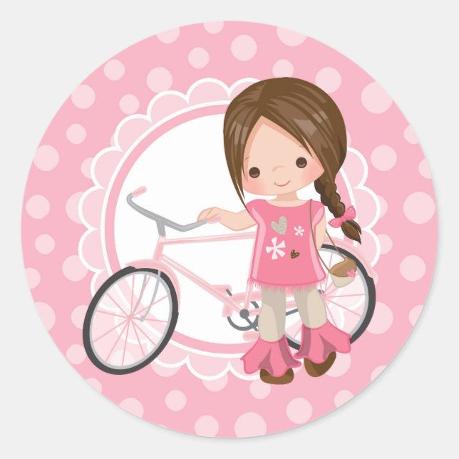Sticker Rond Brunette Bicycle Girl - Rose Blanc (Devant)