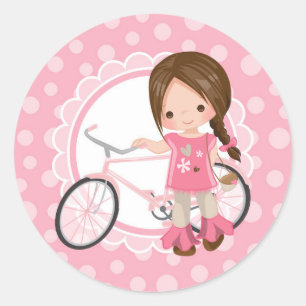 Sticker Rond Brunette Bicycle Girl - Rose Blanc