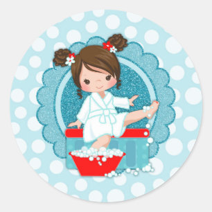 Sticker Rond Brunette Spa fille bulles Turquoise Rouge Blanc