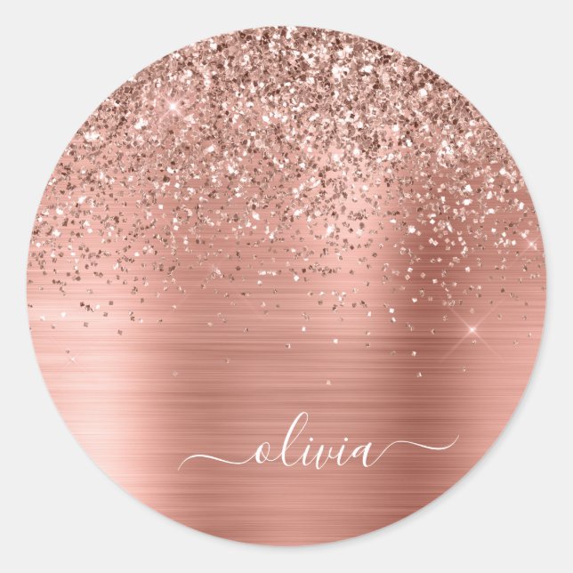 Sticker Rond Brushed metal rose Gold Pink Glitter Monogram (Devant)
