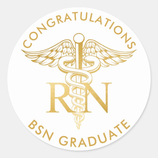Sticker Rond BSN RN Faux Gold Caduceus Personnel Médicale Perso (Devant)