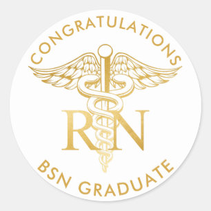 Sticker Rond BSN RN Faux Gold Caduceus Personnel Médicale Perso