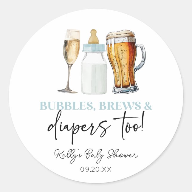Sticker Rond Bubbles Brews et Diapers aussi! Baby shower (Devant)
