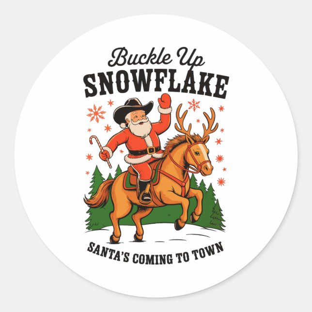 Sticker Rond Buckle Up Snowflake Rodeo Cowboy Santa Christmas (Devant)