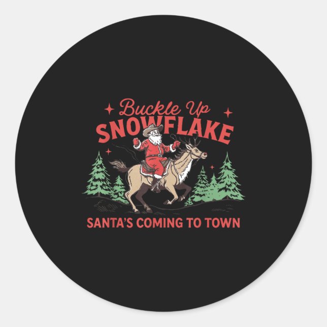 Sticker Rond Buckle-up Snowflake Santa's Coming Soon Western Ch (Devant)