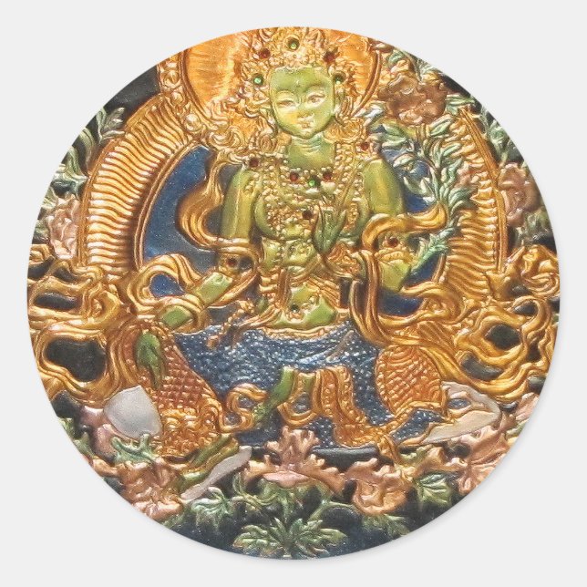 STICKER ROND BUDDDHIST GODDESS GREEN TARA MÉTALLIQUE INLAI (Devant)