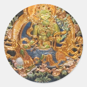 STICKER ROND BUDDDHIST GODDESS GREEN TARA MÉTALLIQUE INLAI