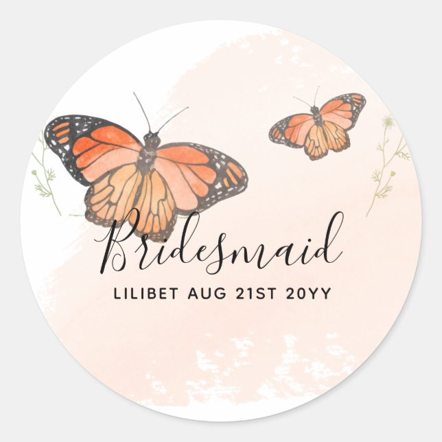 Sticker Rond BUDGET Bridesmaid Parti de mariage Dons BUTTERFLIT (Devant)