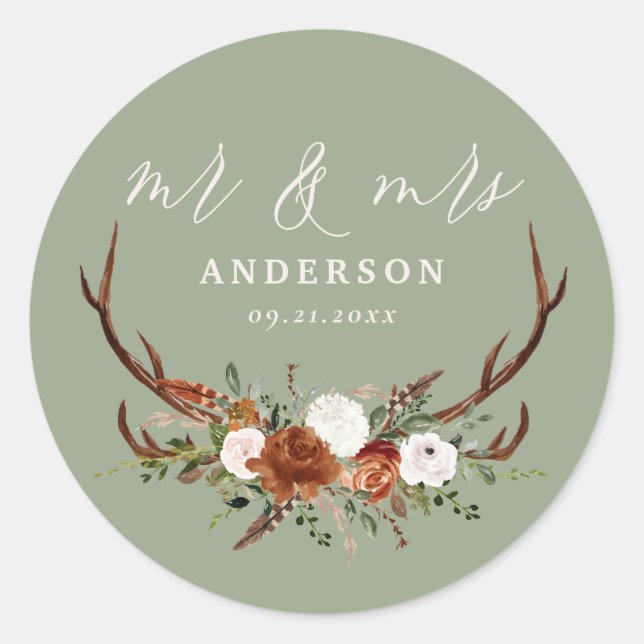 Sticker Rond Budget cerf botanique rustique mariage sauge vert (Devant)