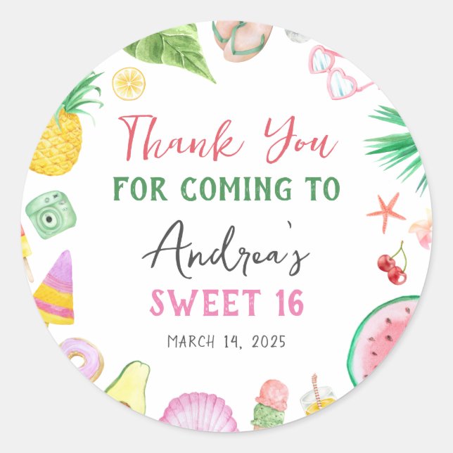 Sticker Rond Budget Moderne Piscine Fête Été Sweet 16 Anniversa (Devant)