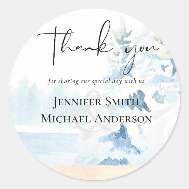 Sticker Rond BUDGET Montagnes neigeuses Hiver Lac Trees (Devant)