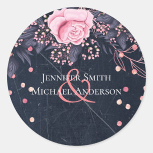 Sticker Rond BUDGET Rose Doré Mariage Floral Navy Pink
