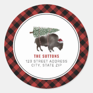 Sticker Rond Buffalo Bison Christmas Tree Red Plate Adresse