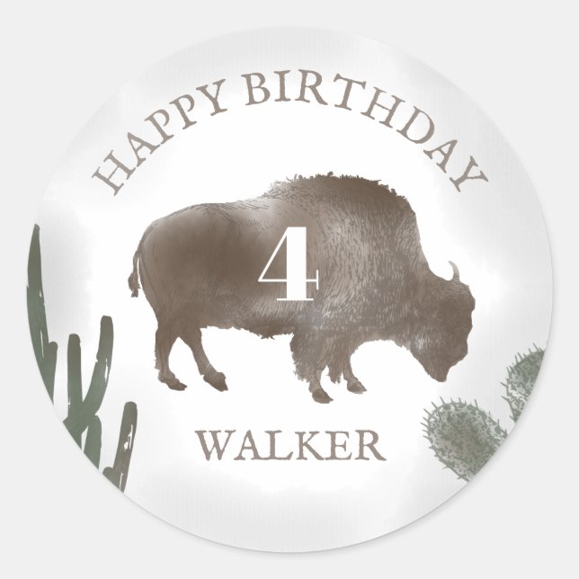 Sticker Rond Buffalo Bison Desert Cactus Ranch Western Annivers (Devant)