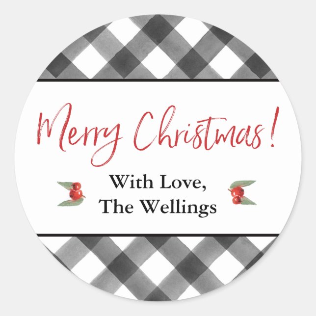 Sticker Rond Buffalo Check Black & White Joyeux Noël personnali (Devant)