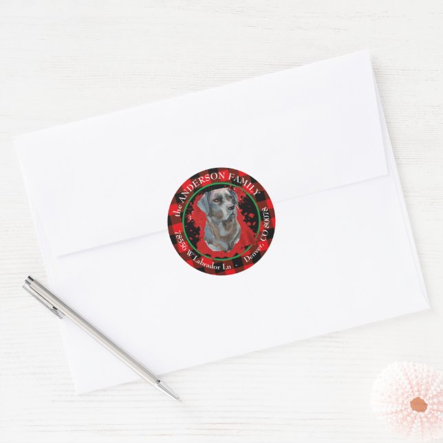 Sticker Rond Buffalo Plaid Black Lab Adresse de retour (Enveloppe)