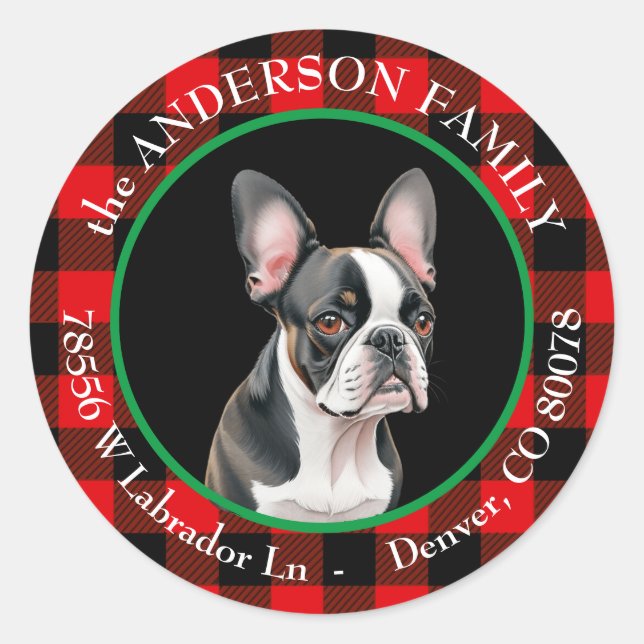 Sticker Rond Buffalo Plaid Boston Terrier Dog Adresse de retour (Devant)