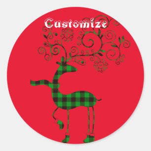 Sticker Rond Buffalo Plaid Christmas Deer Thunder_Cove