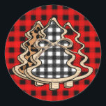 Sticker Rond Buffalo Plaid Christmas Tree<br><div class="desc">Arbres de Noël en bois mou avec arc et bison Plaid et autocollants Empreintes de léopard.</div>