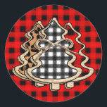 Sticker Rond Buffalo Plaid Christmas Tree<br><div class="desc">Arbres de Noël en bois mou avec arc et bison Plaid et autocollants Empreintes de léopard.</div>