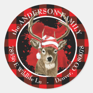 Sticker Rond Buffalo Plaid Deer Santa Hat Adresse de retour