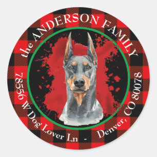 Sticker Rond Buffalo Plaid Doberman Pinscher Adresse de retour